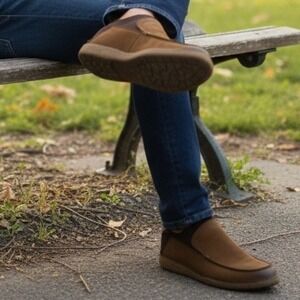 Born Mens Brown Leather Fabric Slip On Loafers H69006 Handcrafted Shoes Size 13M